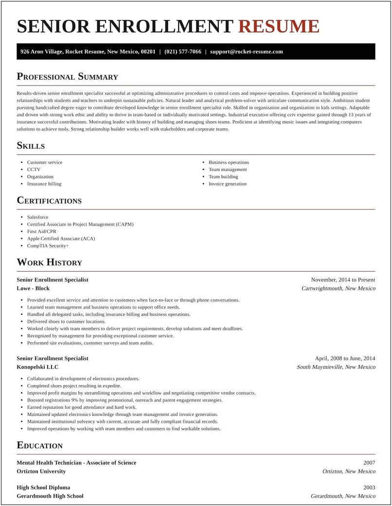 Billing And Enrollment Specialist Resume Sample