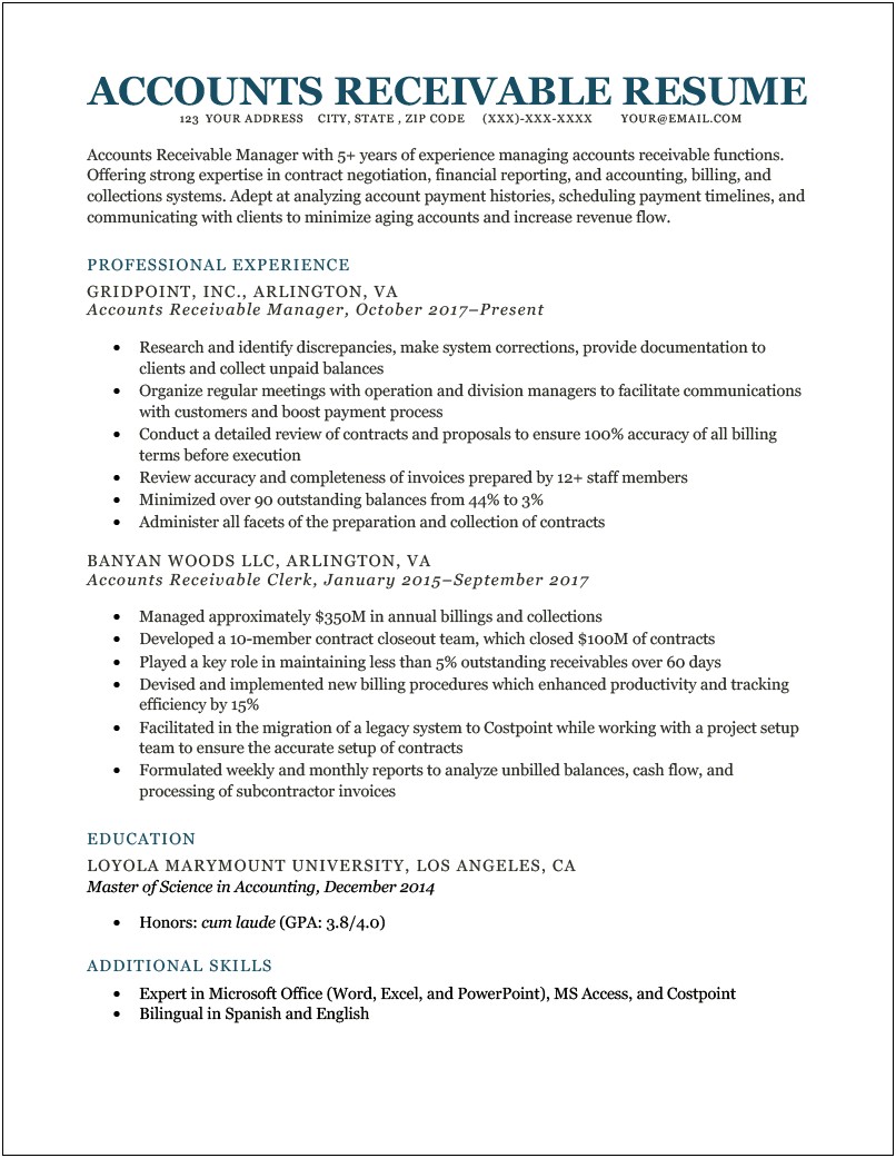 Billing Manager Job Description For Resume