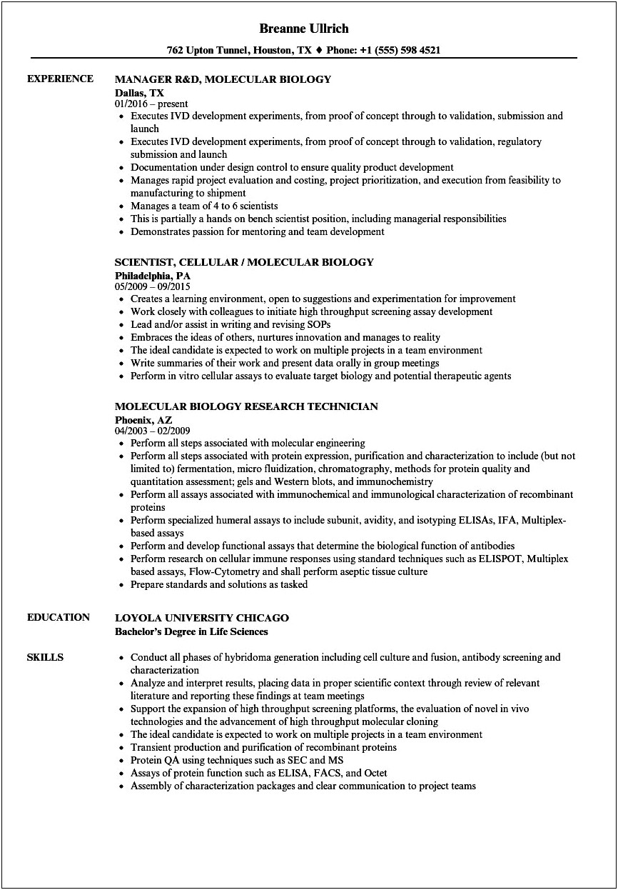 Biologist Objective Statement For A Resume