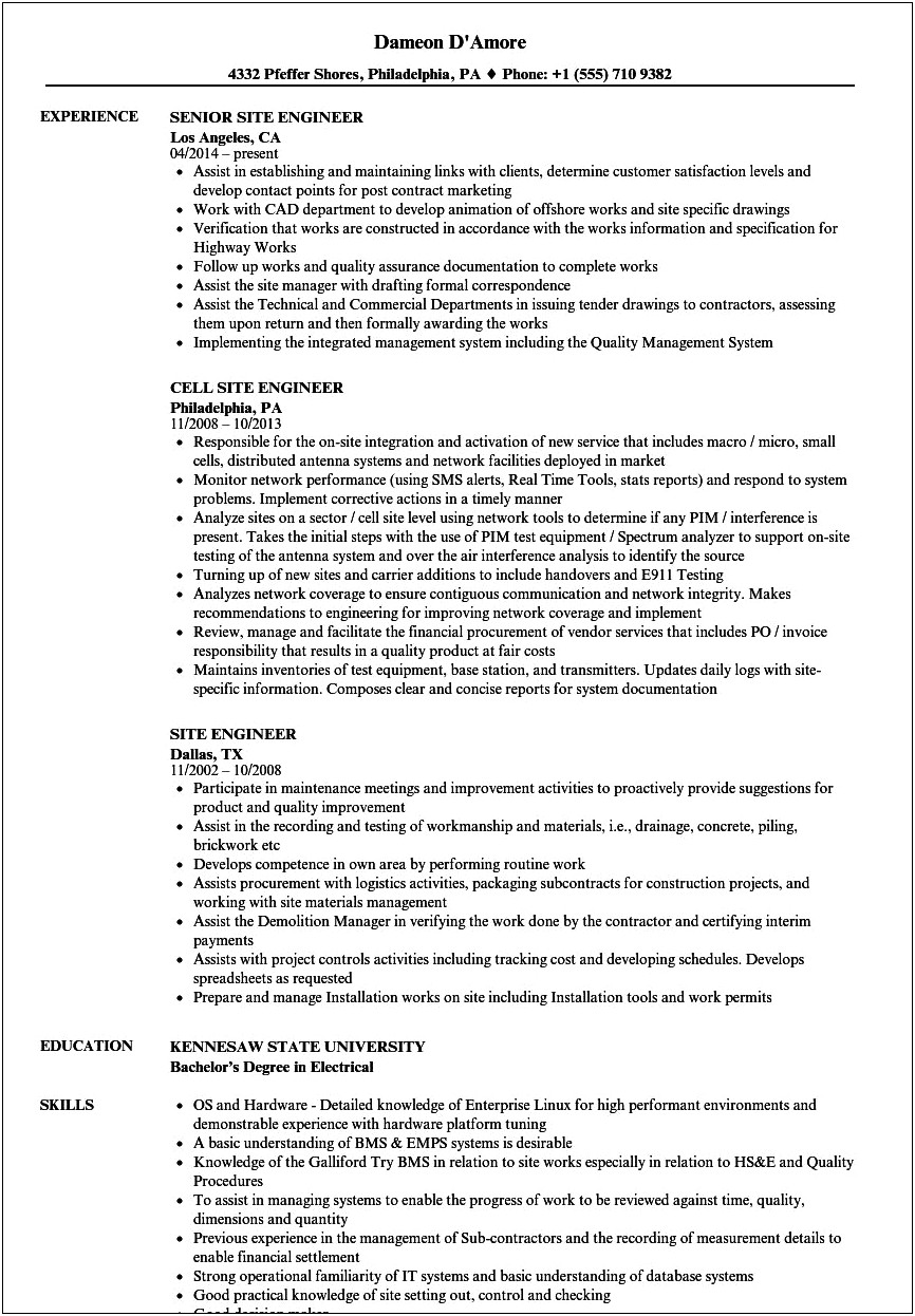 Bms Project Engineer Experience Resume Model