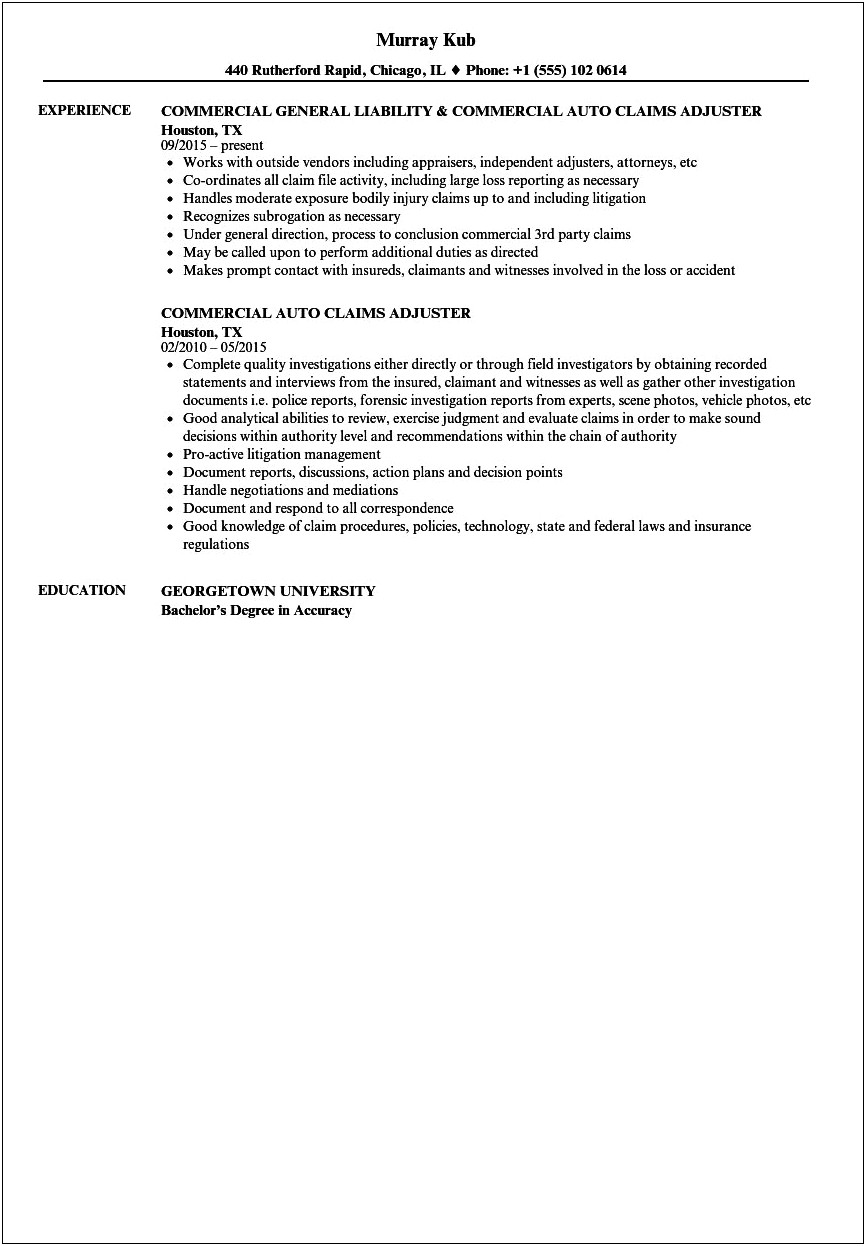 Bodily Injury Claims Adjuster Resume Examples