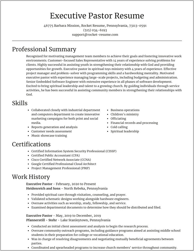 Brif Summary For Pastor To Use On Resume