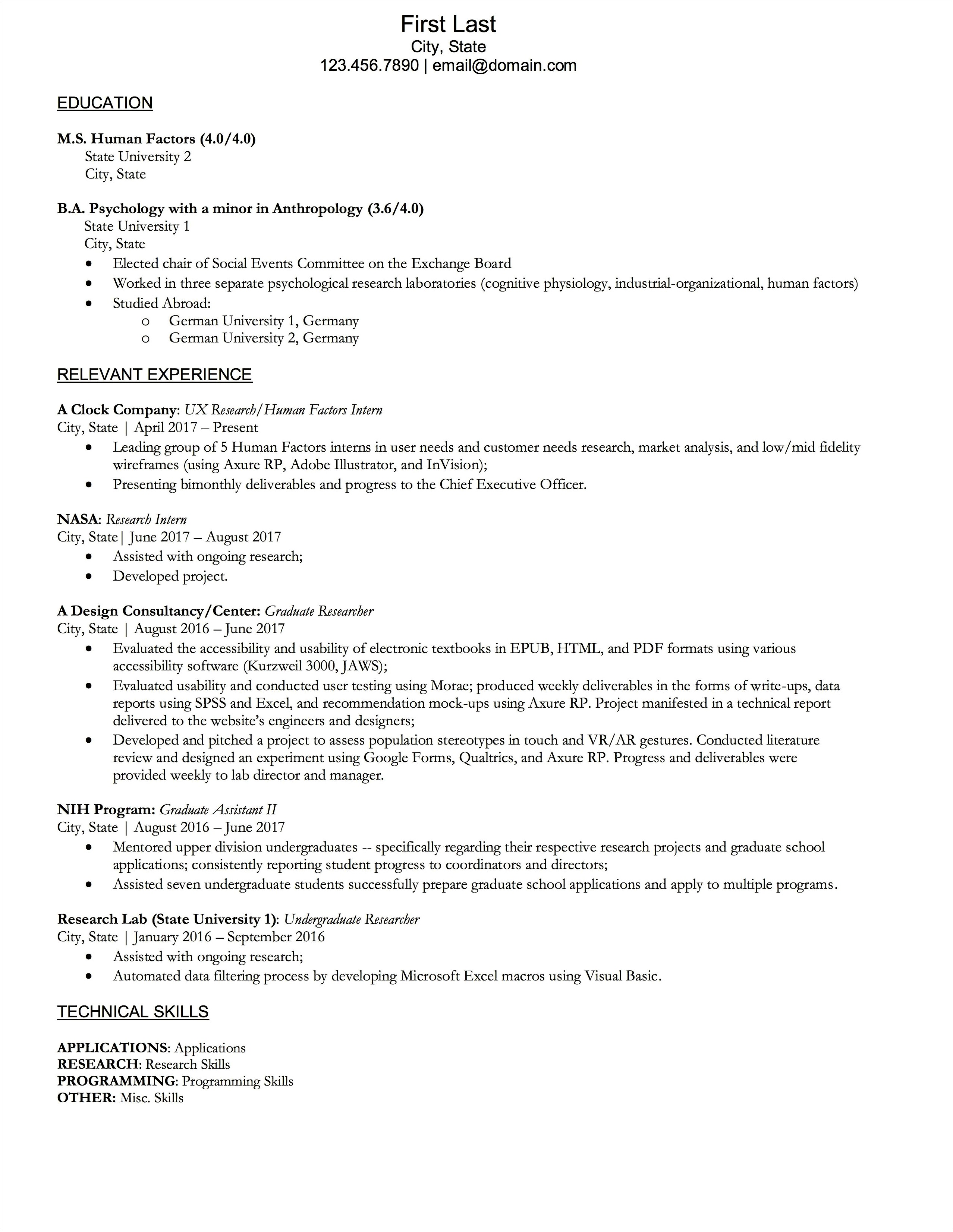 Bs In Psychology Resume For Graduae School Reddit