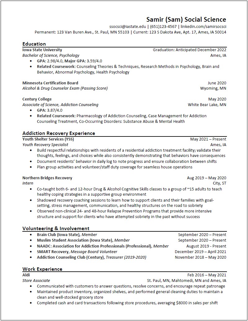 Bs In Psychology Resume For Graduae School