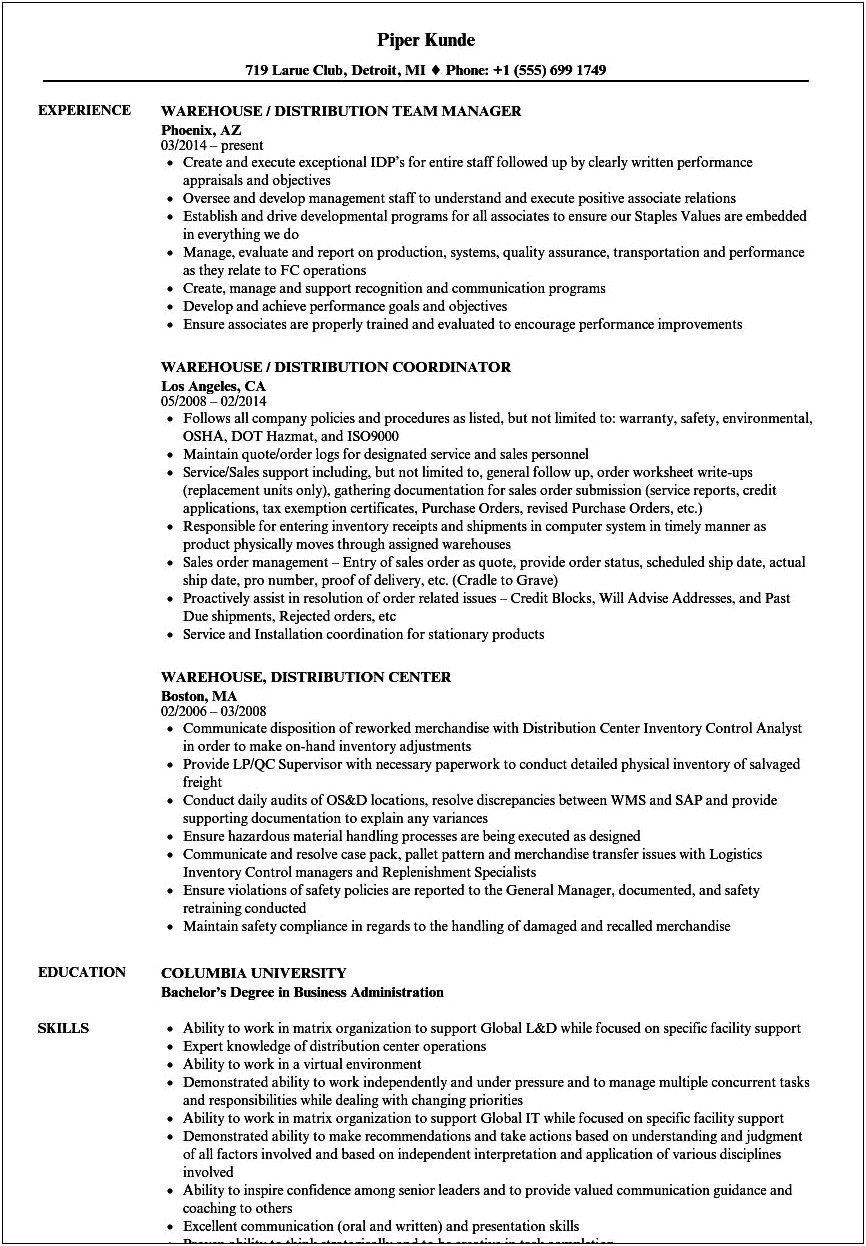 Bullet Points For Resume For Warehouse Job