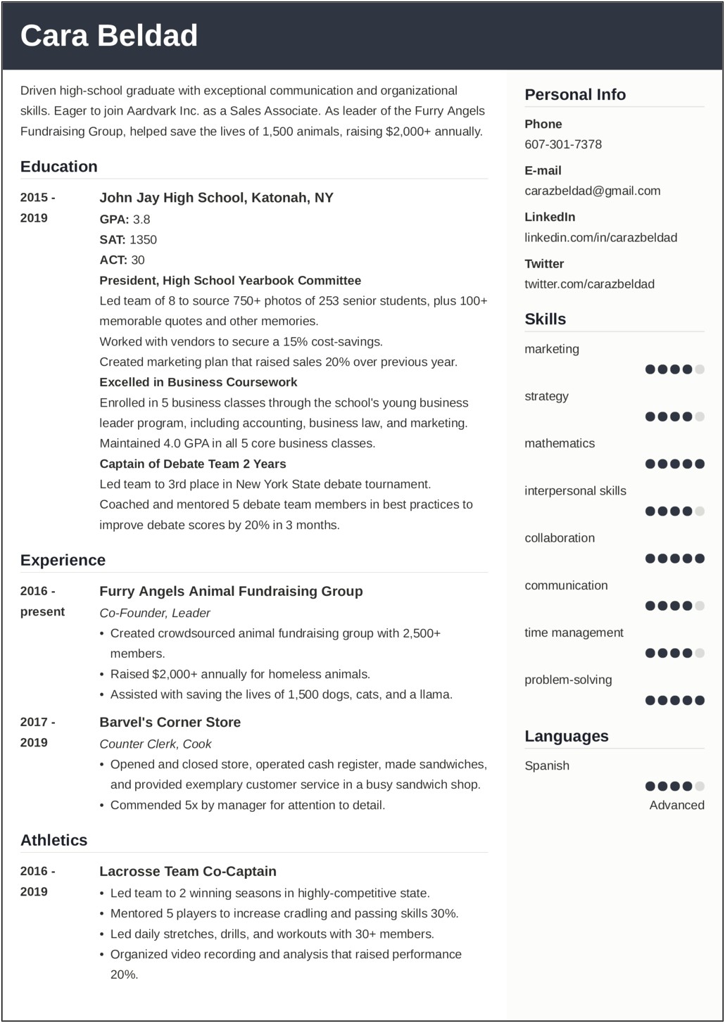 Bullet Points For School Resume Examples