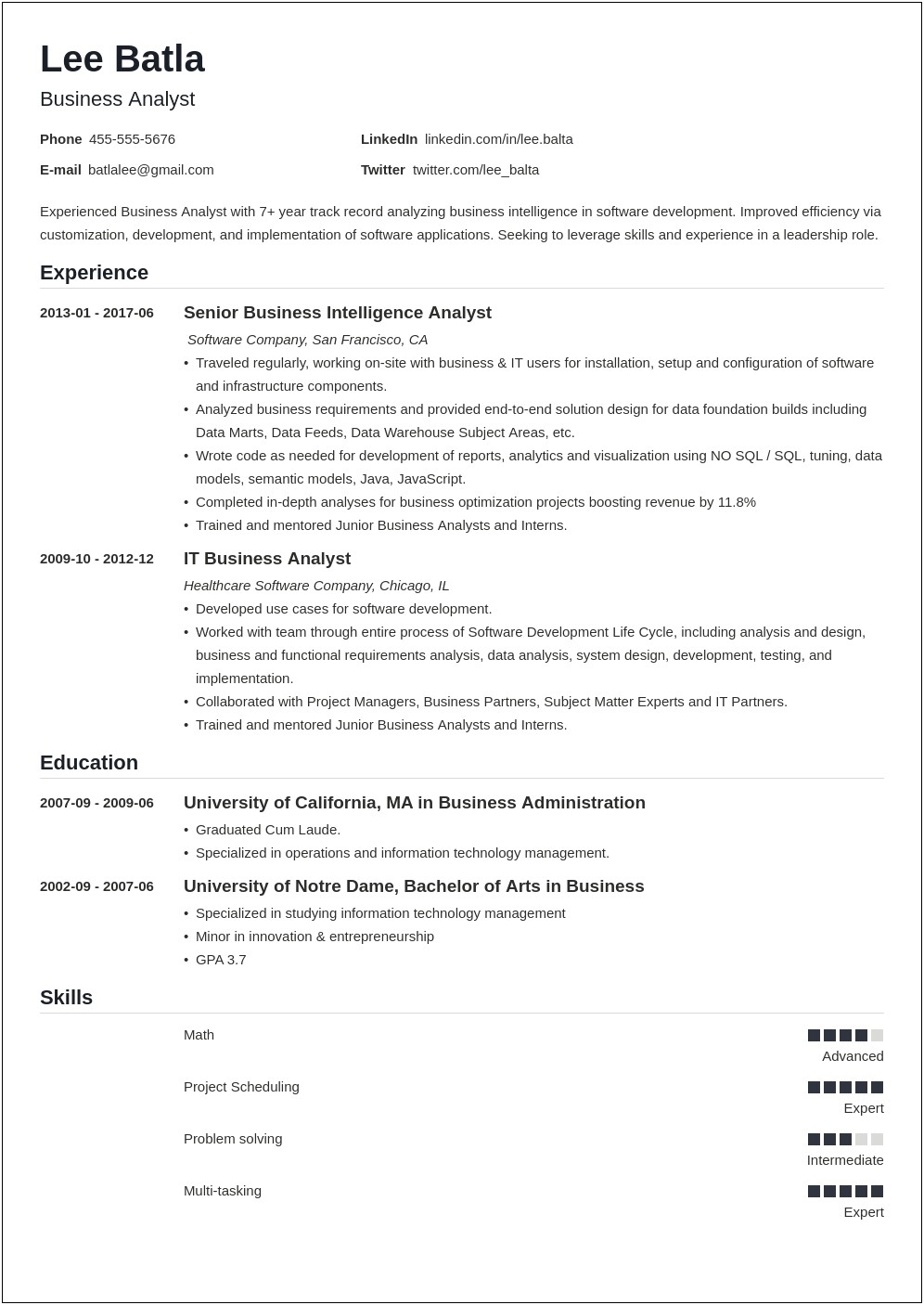 Business Analyst 10 Years Experience Resume