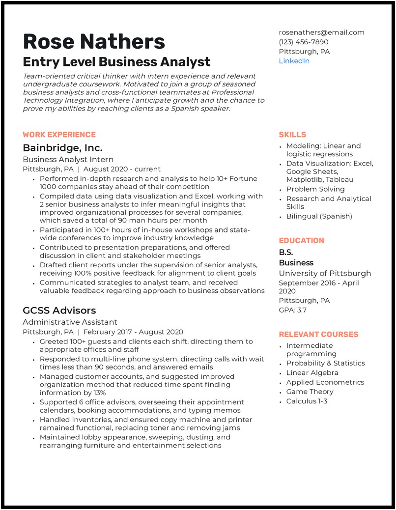 Business Analyst One Year Experience Resume
