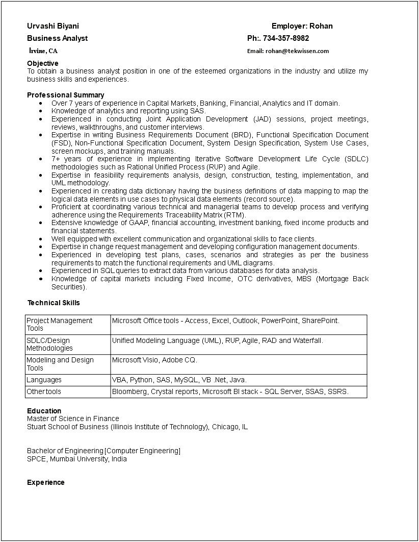 Business Analyst Resume Sample Free Download