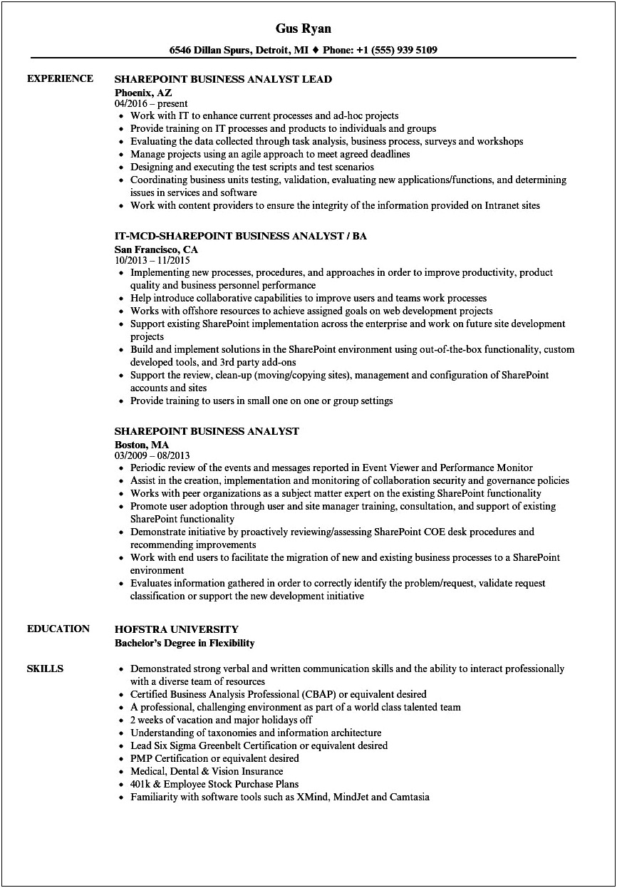 Business Analyst Resume With Sharepoint Experience