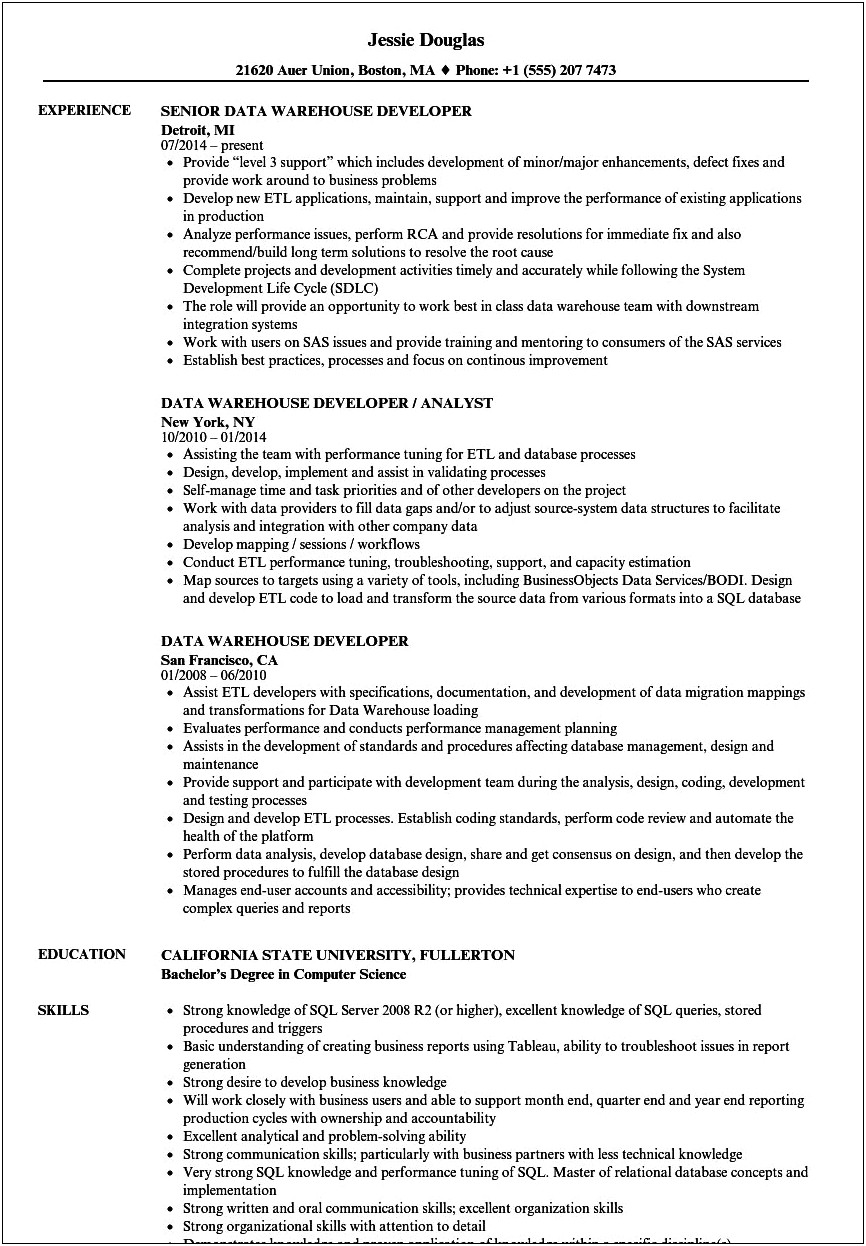 Business Analyst With Data Warehouse Experience Resume