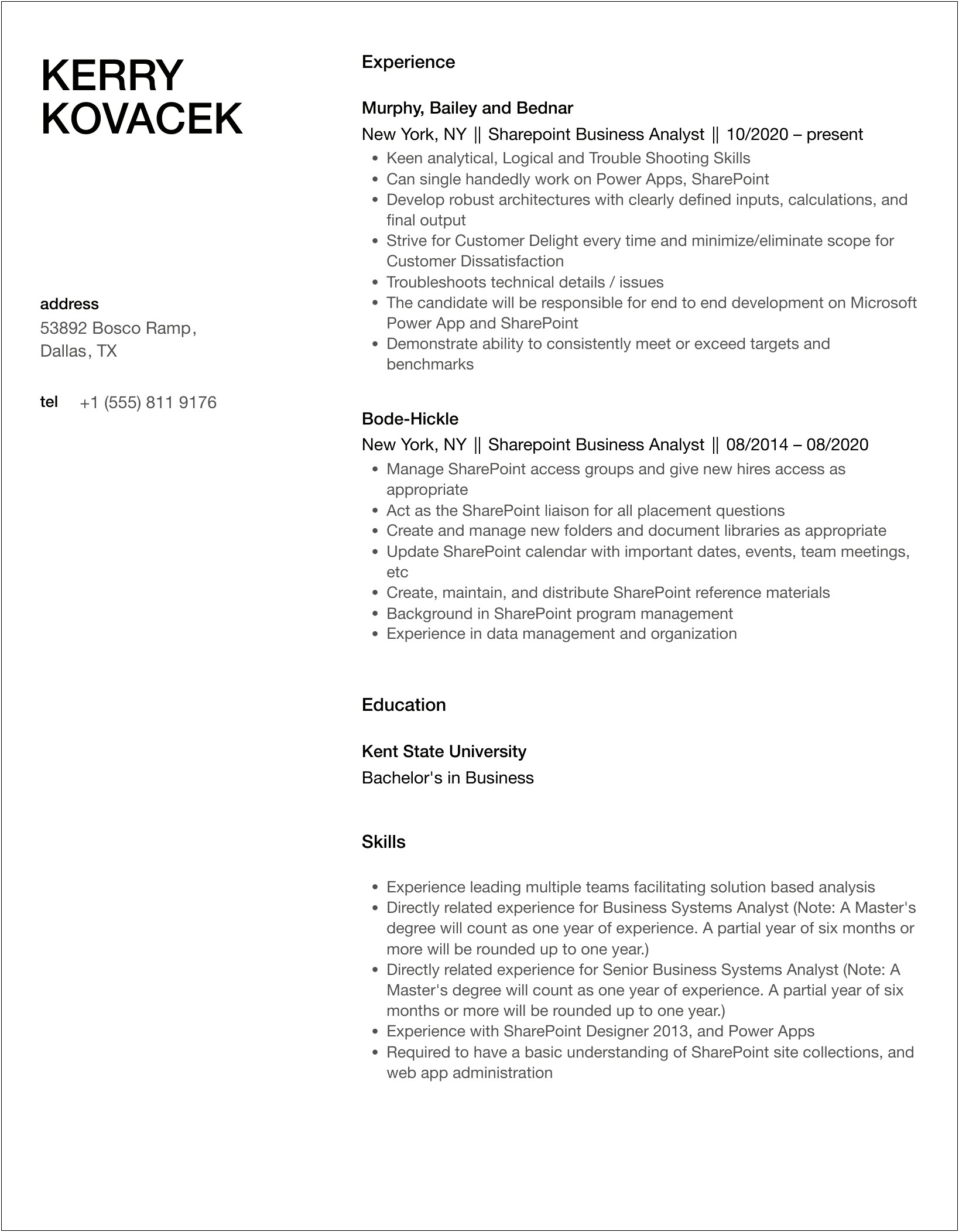 Business Analyst With Sharepoint Experience Resume