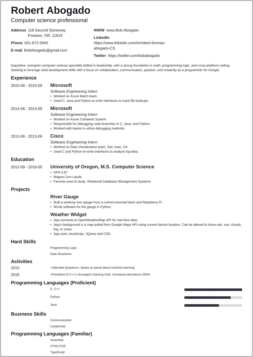 Business Card Resume Examples For Computer Science Major