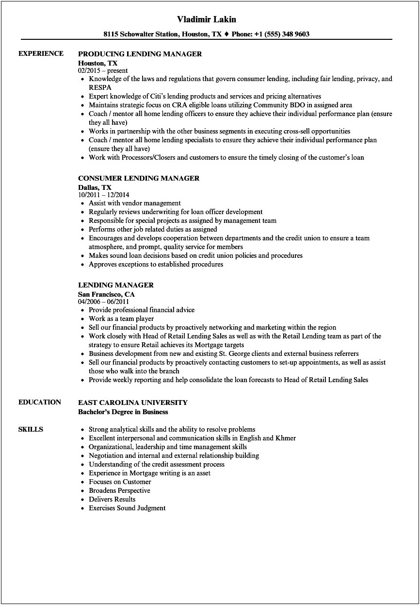 Business Control Mortgage Executive Resume Samples
