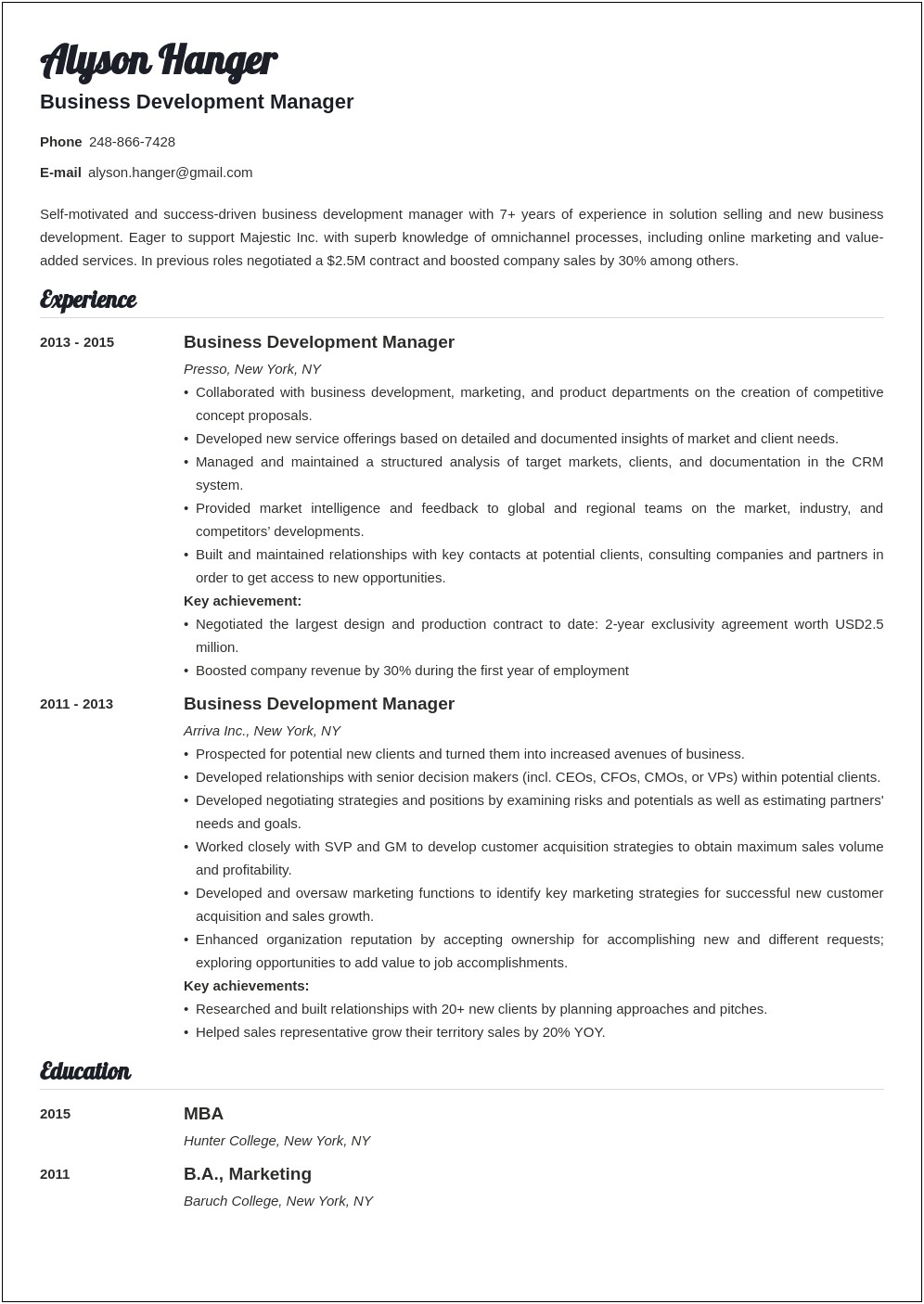 Business Development Officer Resume Sample In Healthcare Area