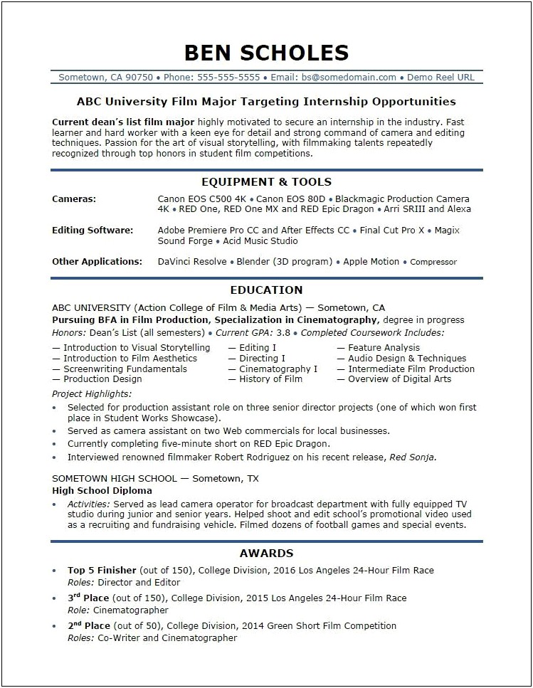 Business Internship College Resume Objective Examples