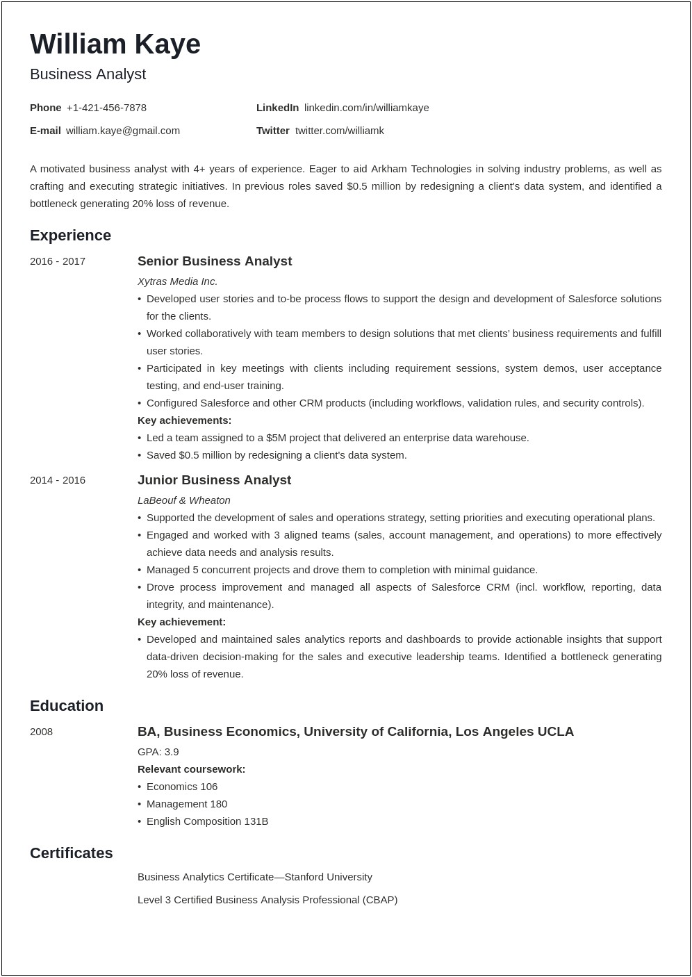 Business Systemes Analyst Tech Resume Sample