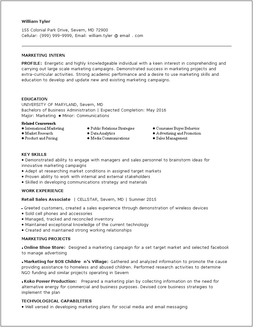 Buyer Internship Sample Resume No Experience