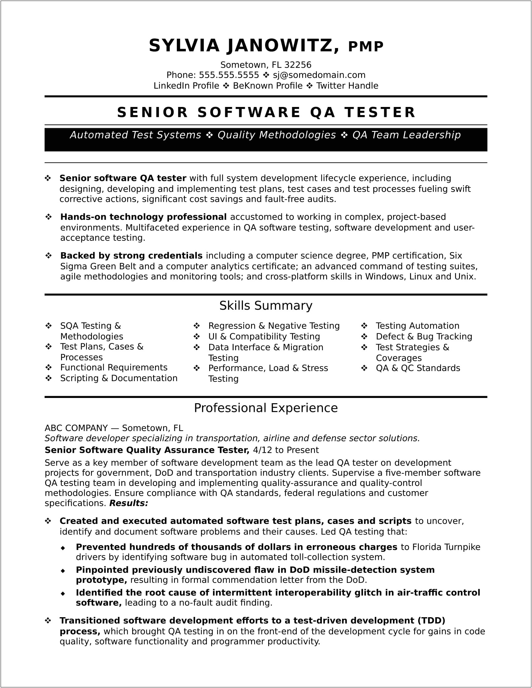 C Automation Experience With Qa Resume