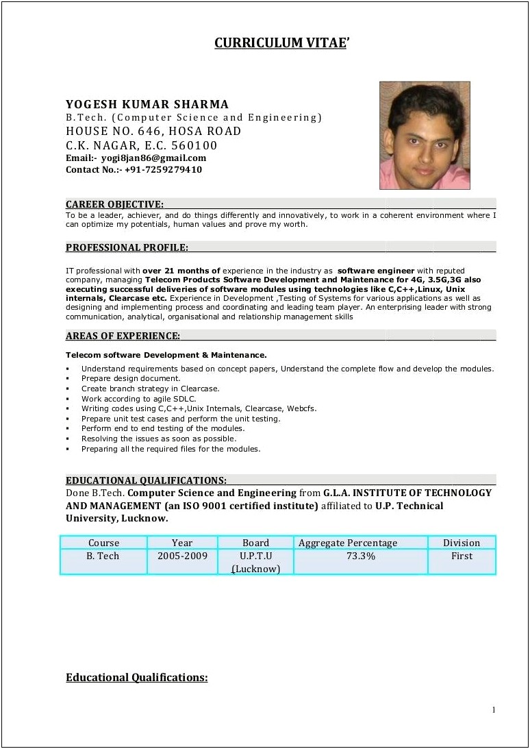 C C++ Sample Resumes Junior Lavel