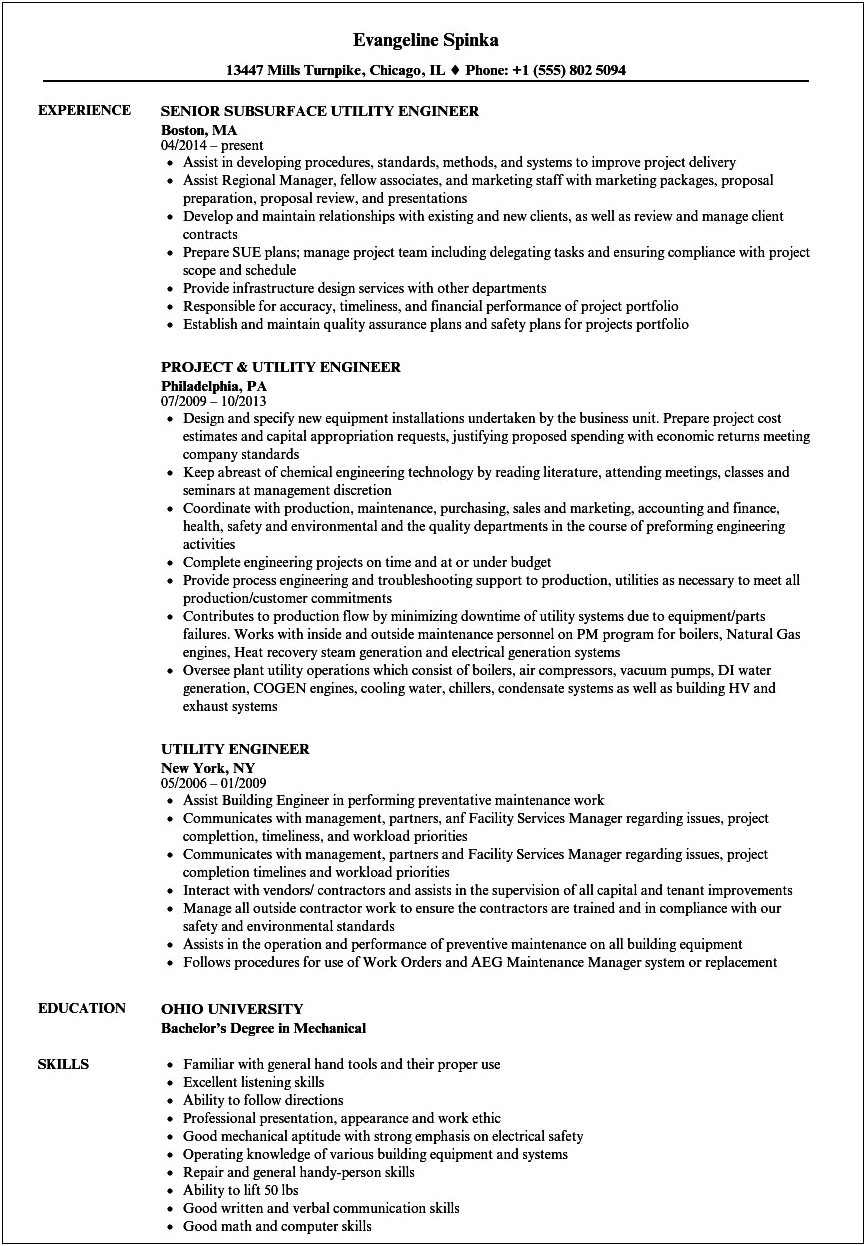 California Utility Engineer Resume Example Ceqa