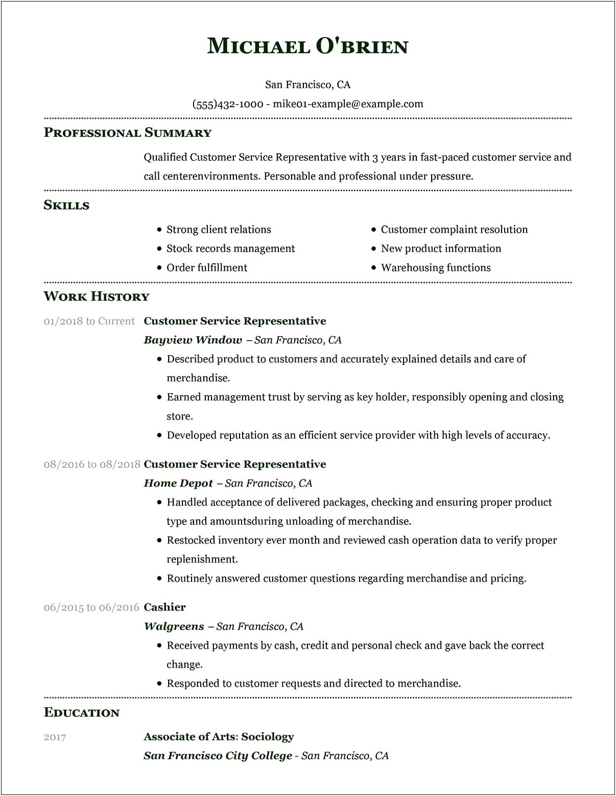 Call Center Customer Service Resume Summary