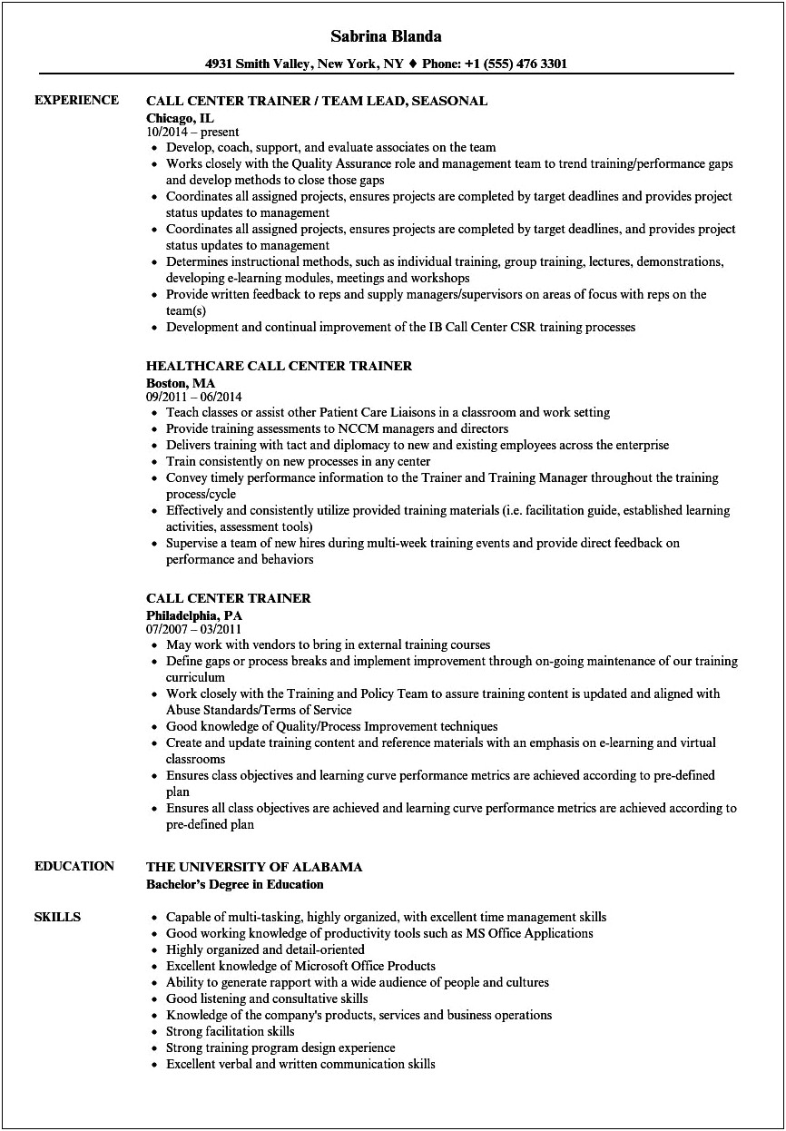 Call Center Technical Trainer Job Description Resume