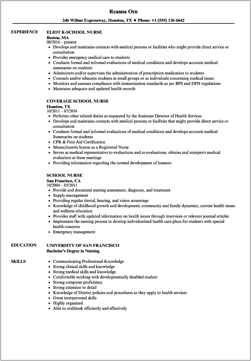 Camp Nurse Job Description For Resume