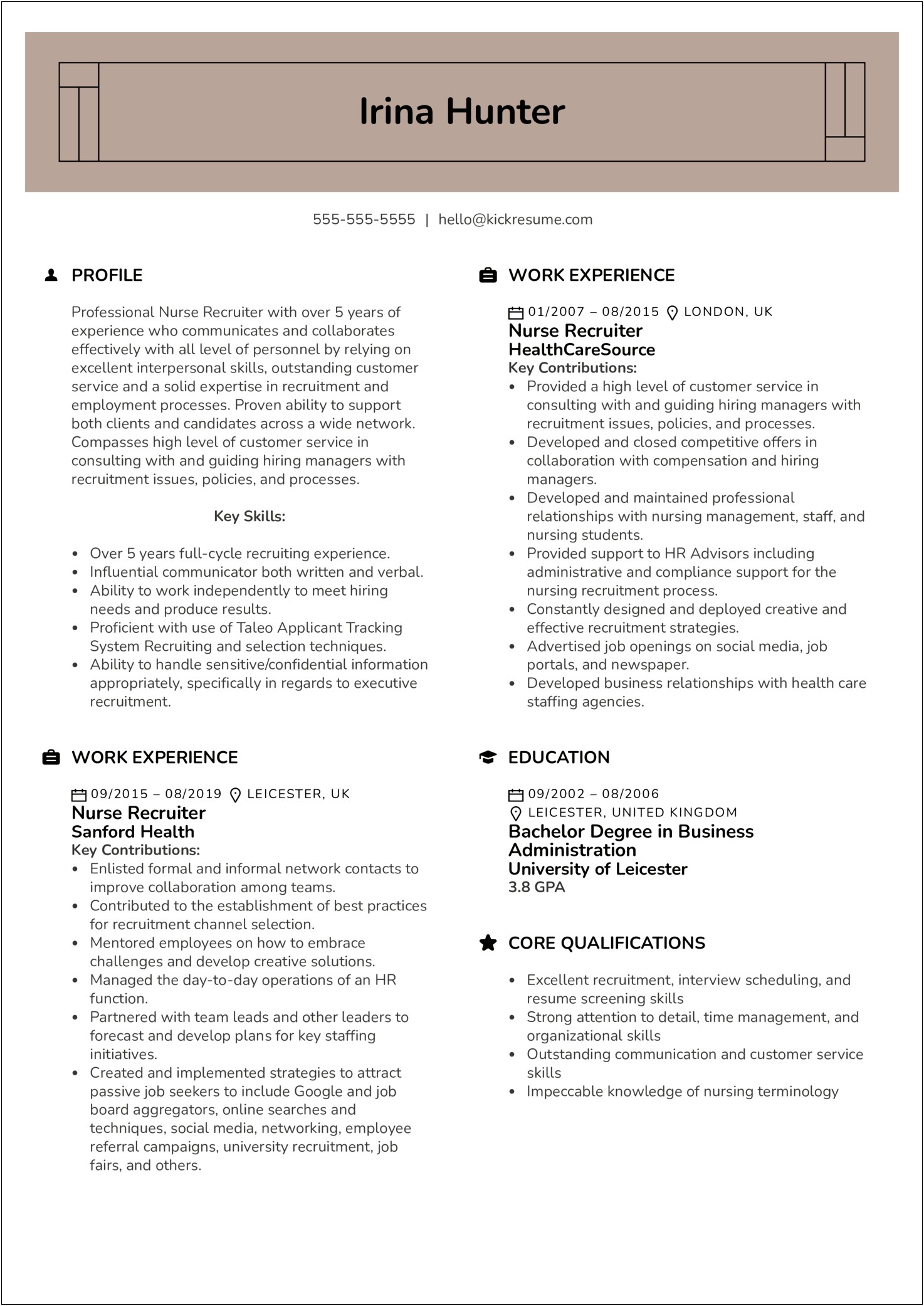 Campus Recruiter Career Profile Resume Sample