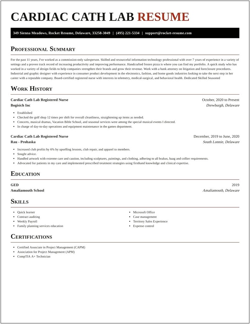 Cardiac Cath Lab Nurse Resume Example