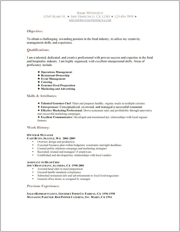 Career Change From Restaurant Industry Resume Example