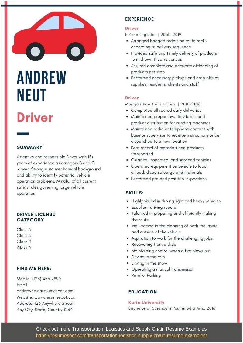 Career Objective For Car Driver Resume