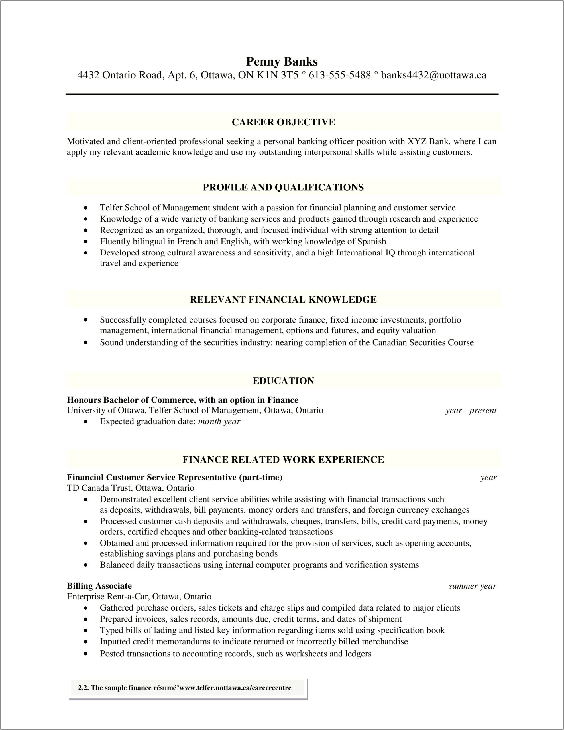 Career Objective For Resume Banking Experience