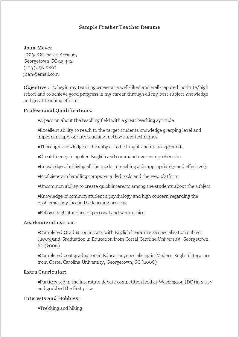 Career Objective For Teacher Resume Fresher