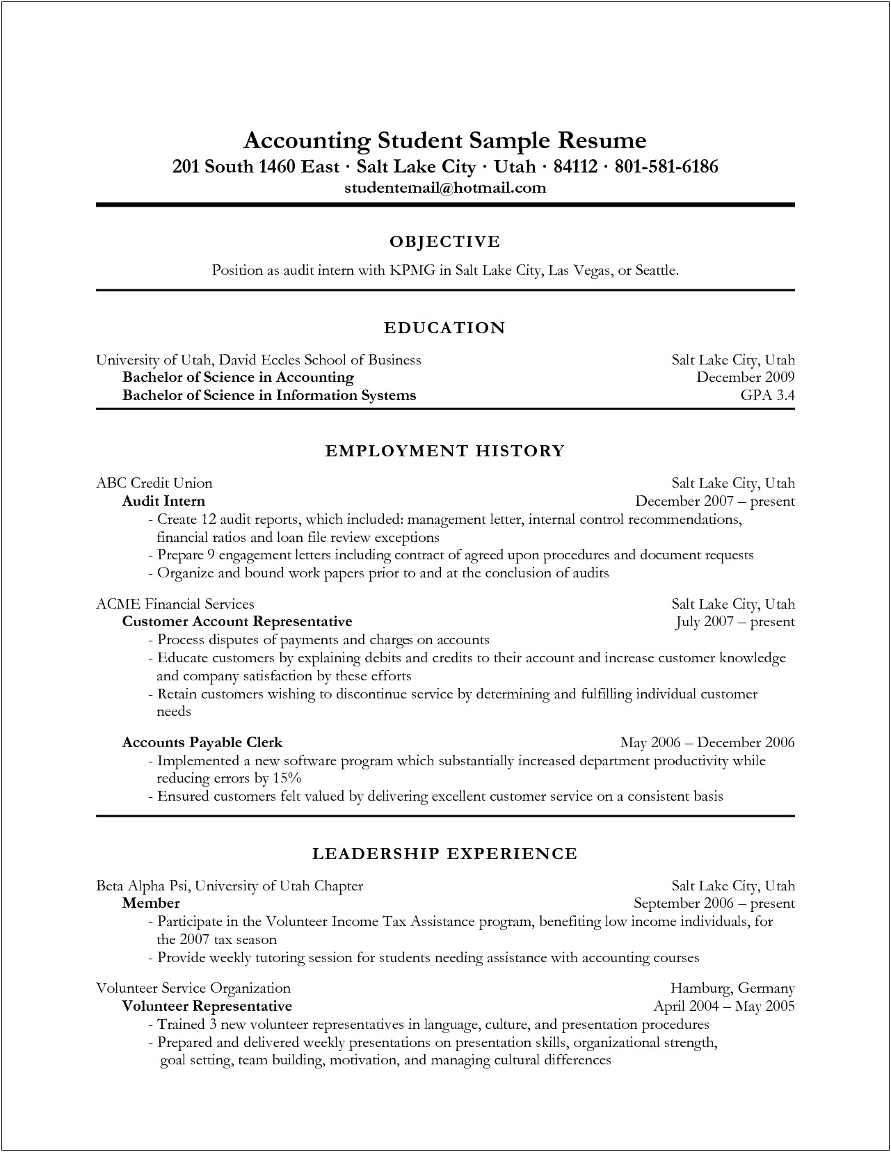 Career Objective In Accounting Resume Example