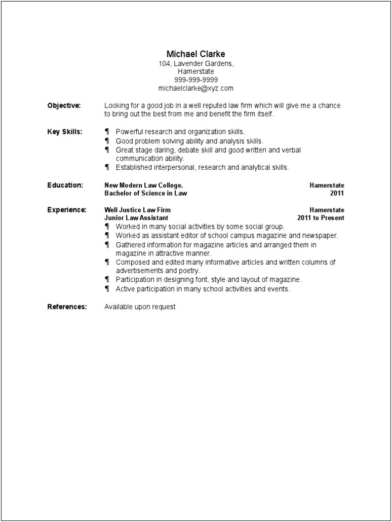 Career Objective In Resume For Law Student