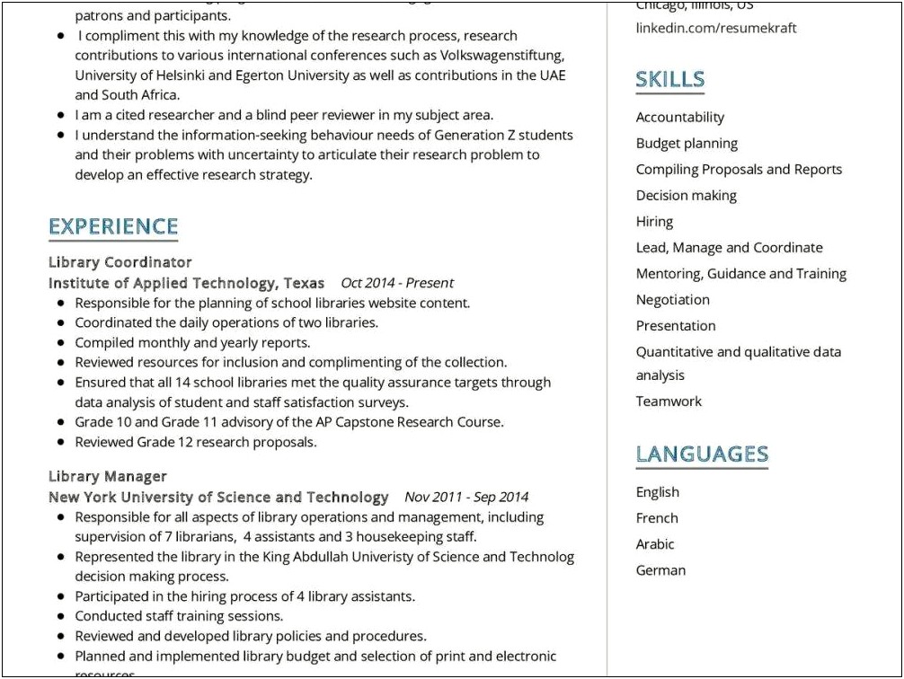 Career Objective In Resume For Librarian