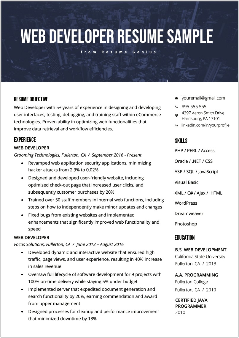 Career Objective In Resume For Web Developer