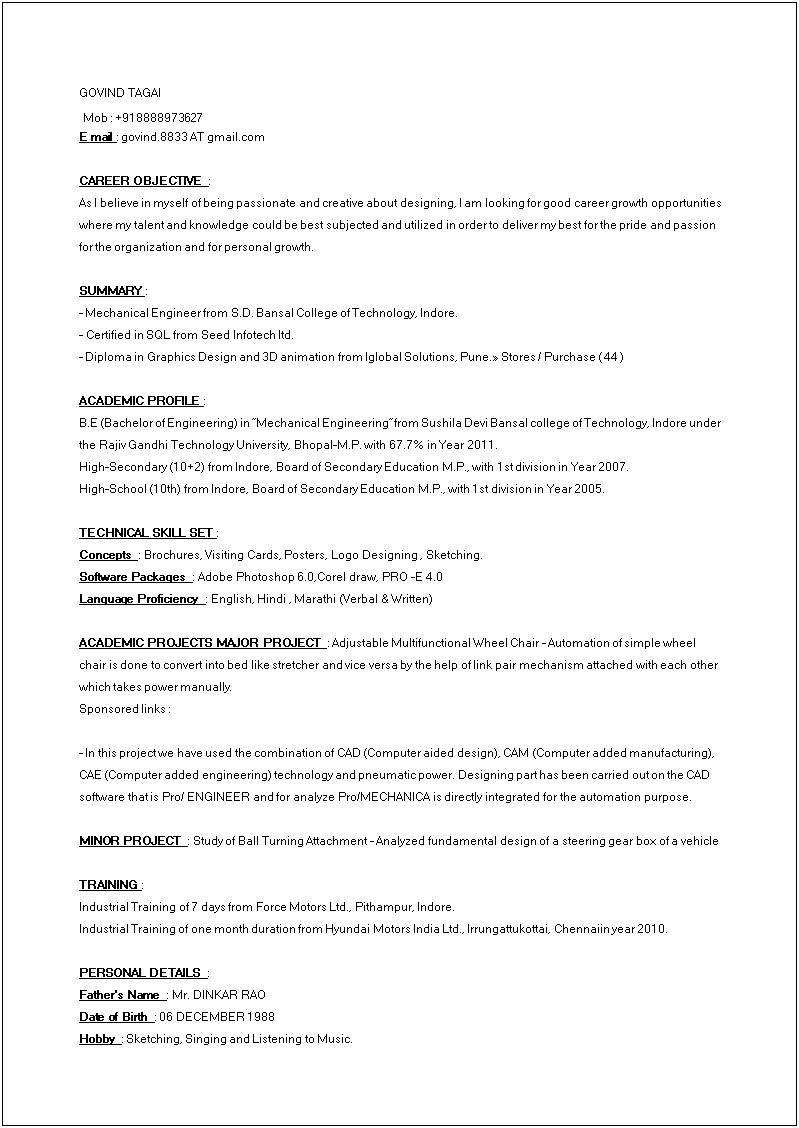 Career Objective On Music For Resume