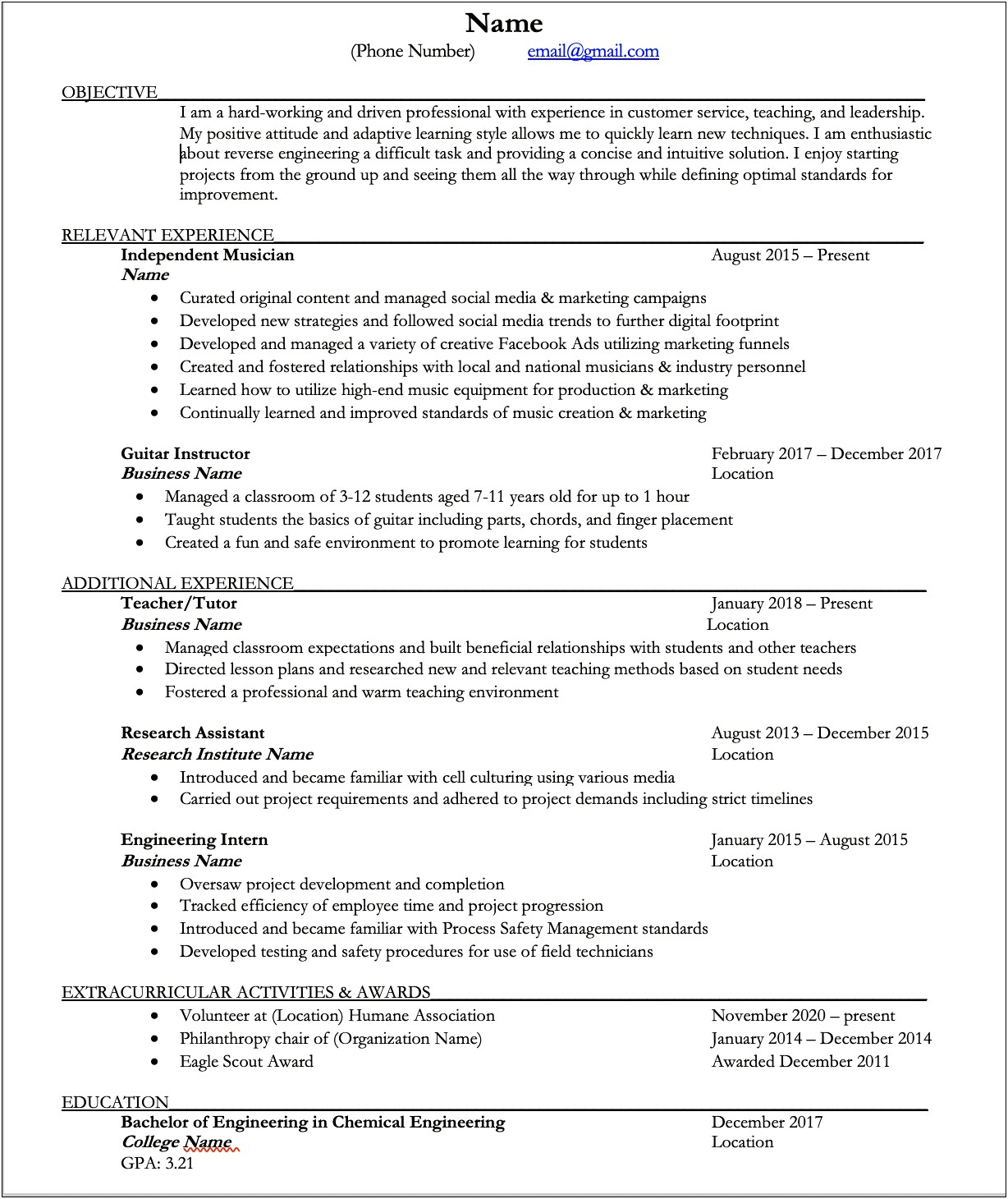 Career Objective On Resume For Music Teacher