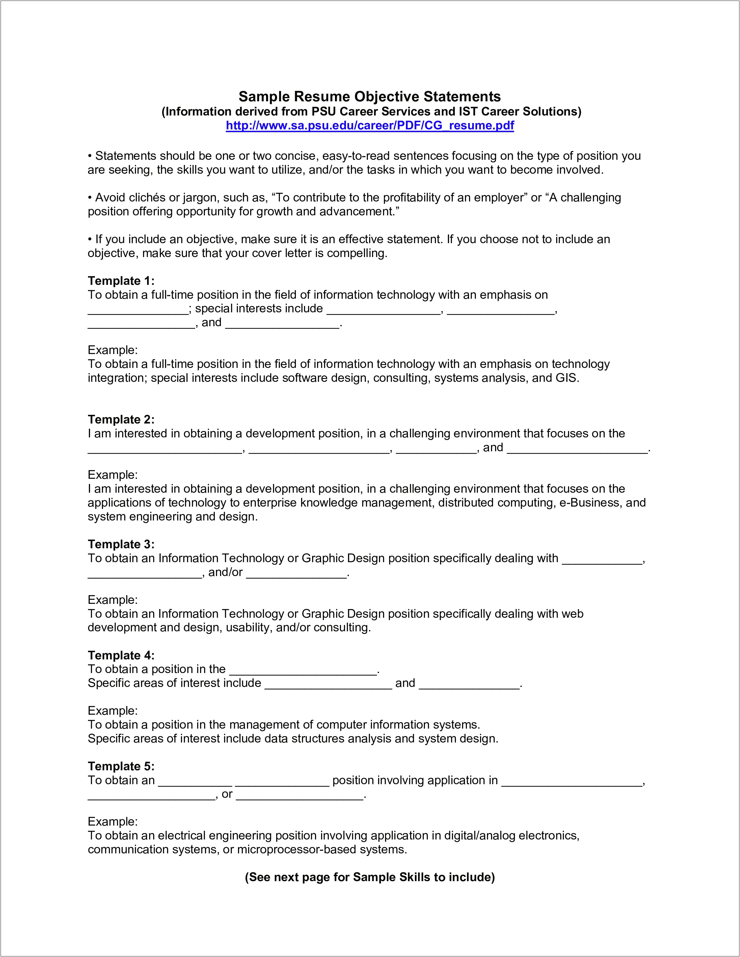 Career Objective Statement Resume For Information Technology