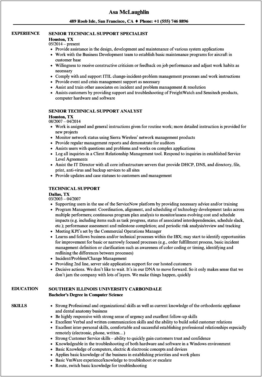 Career Summary Tech Support Resume Sample