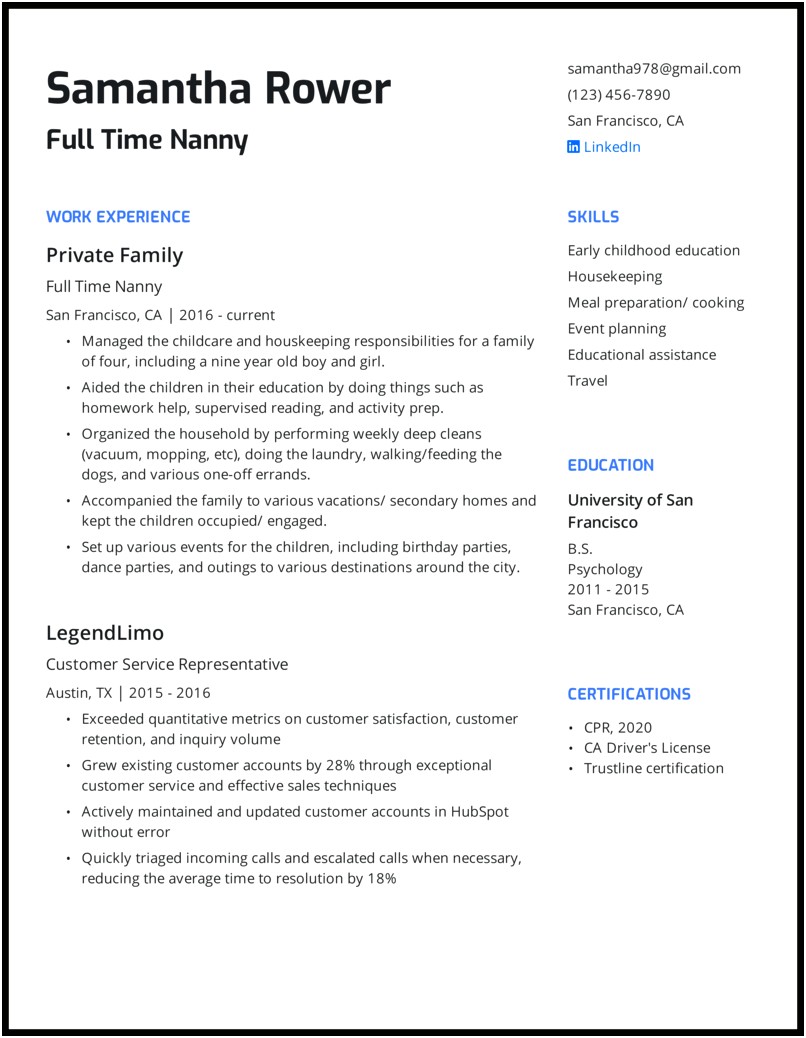 Caregiver Job Summary Word For Resume