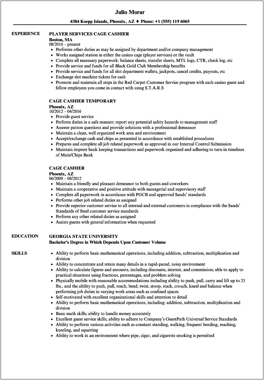 Cashier At Casino Job Descriptions For Resume