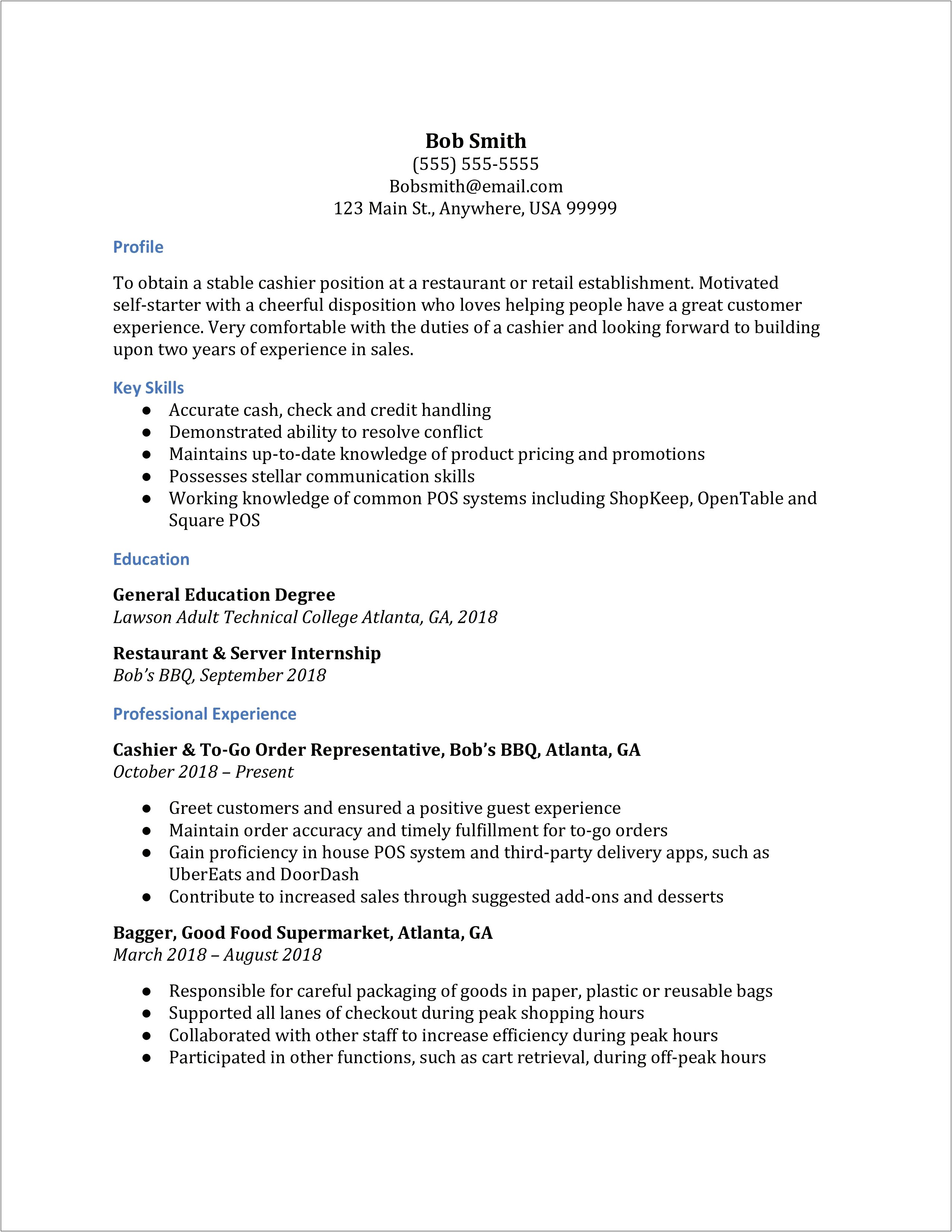 Cashier Server Job Description For Resume