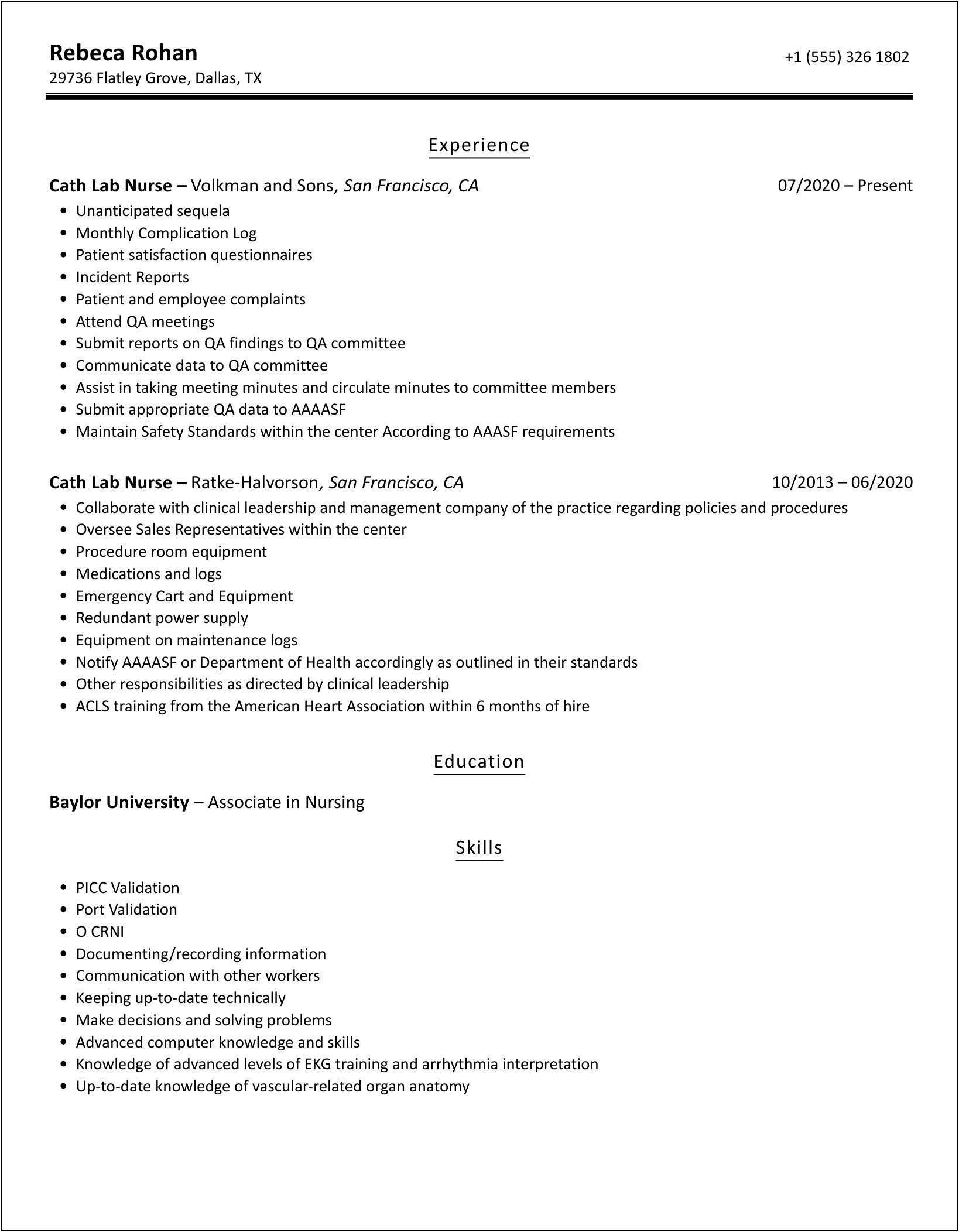 Cath Lab Nurse Resume Example Bestsampleresumebestsampleresume