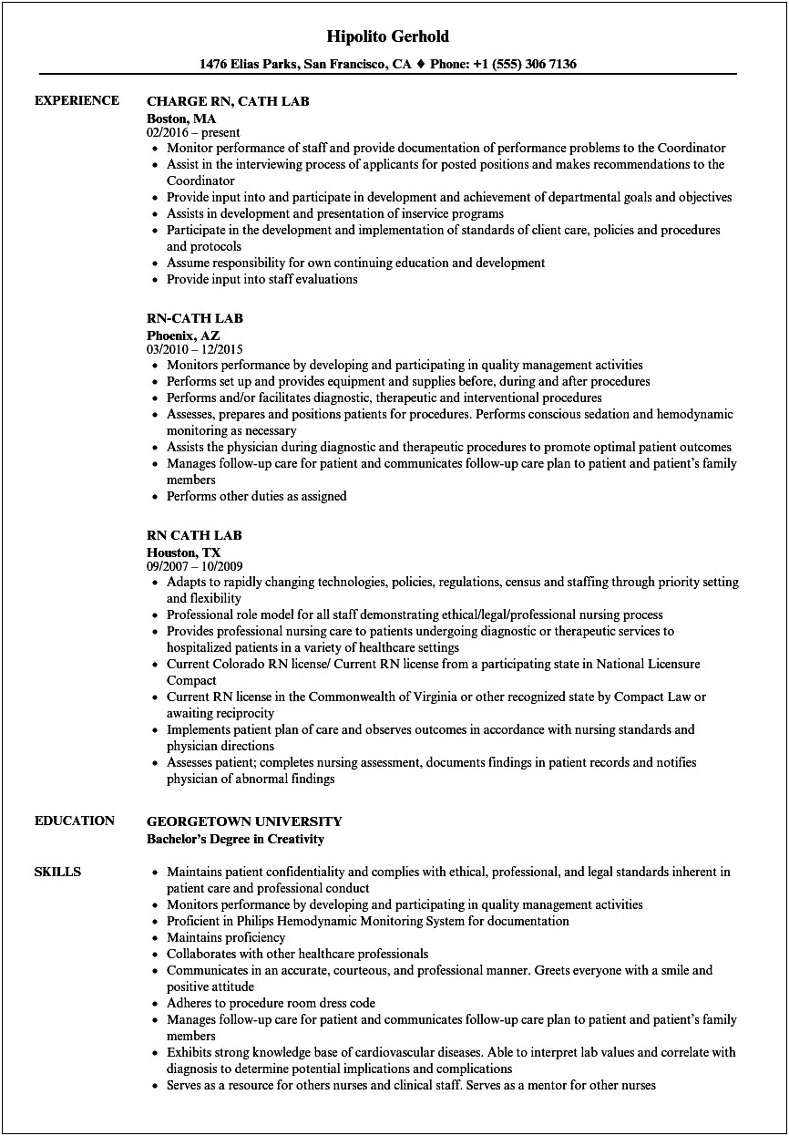 Cath Lab Prep Nurse Resume Sample