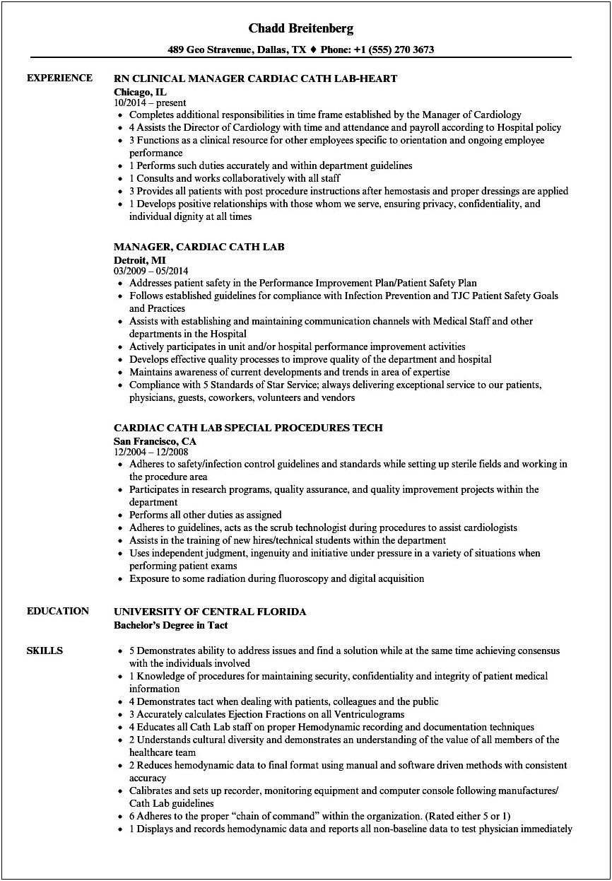 Cath Lab Rn Job Summary For Resume