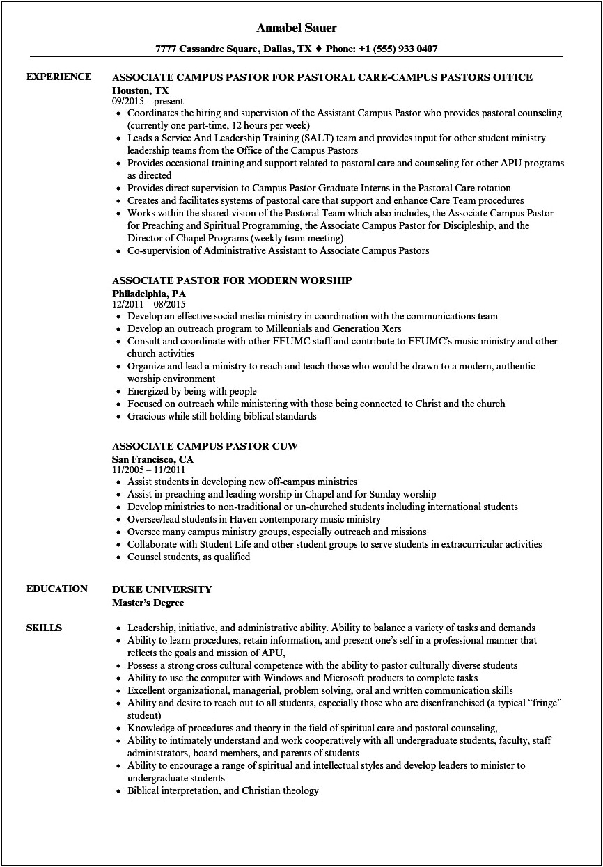 Catholic Youth Minister Professional Summary For Resume