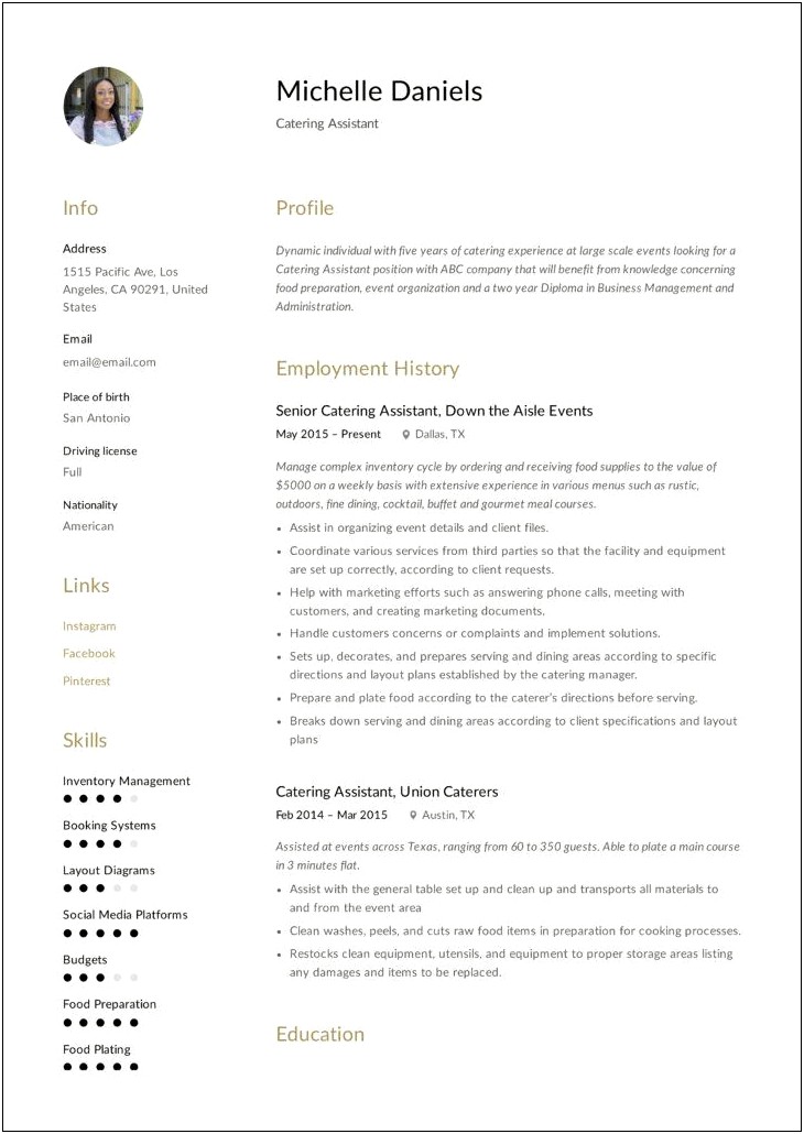 Cattering Assistance Experience Resume Examples 2018